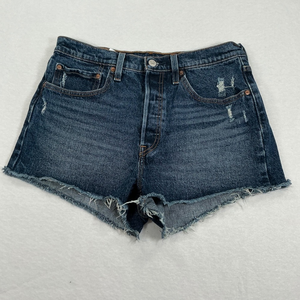 Levis 501 Original High Rise Denim Shorts Dark Wash Distressed Cut Off 29